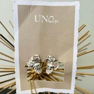 UNO de 50 Wild Bush Bezel Set Crystal Leaf Stud Earrings, Silver/Pink,‎ NWT
